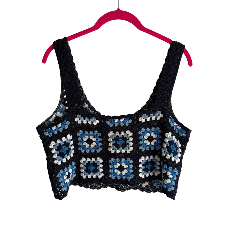SINCERELY JULES Blue Granny Square‎ Crochet Boho Festival Ladies Cropped Tank, M - Picture 2 of 5